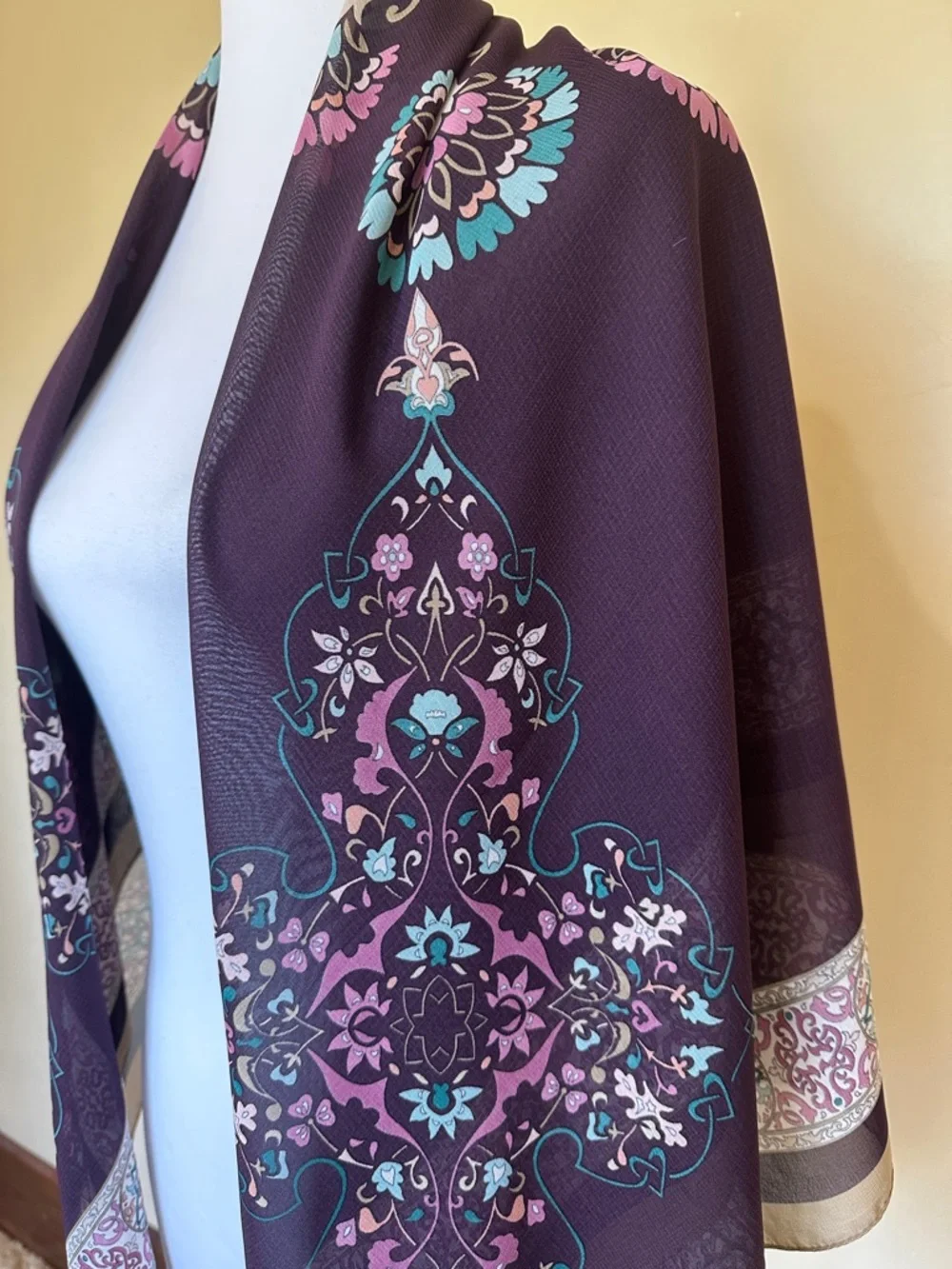 Eggplant Plum Scarf Floral Beige Border Teal Pink Lightweight Wrap by Alvise